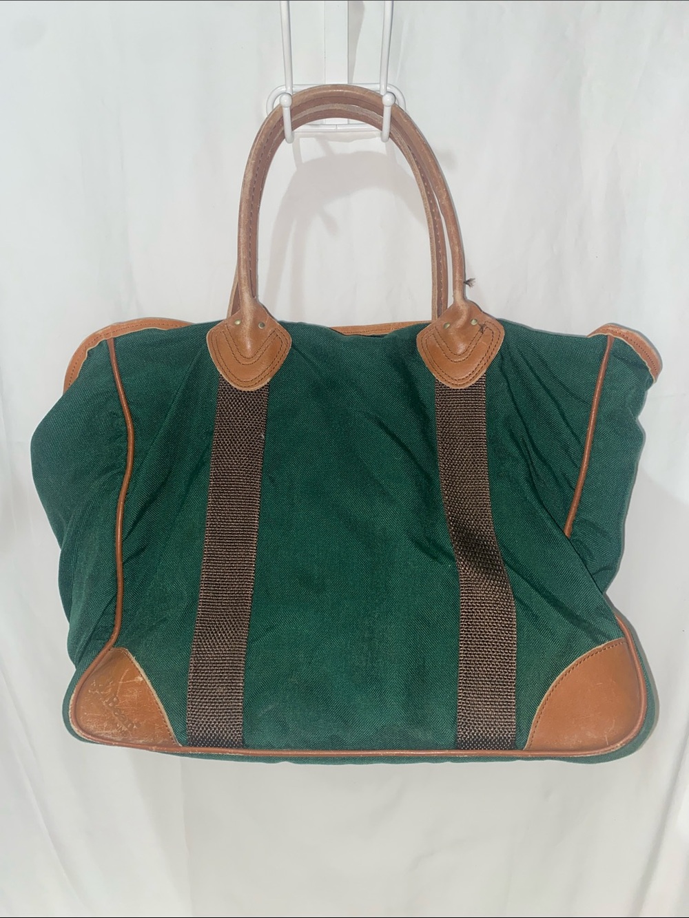 Vintage L.L. Bean Green Canvas Duffel with Brown Leather Trim